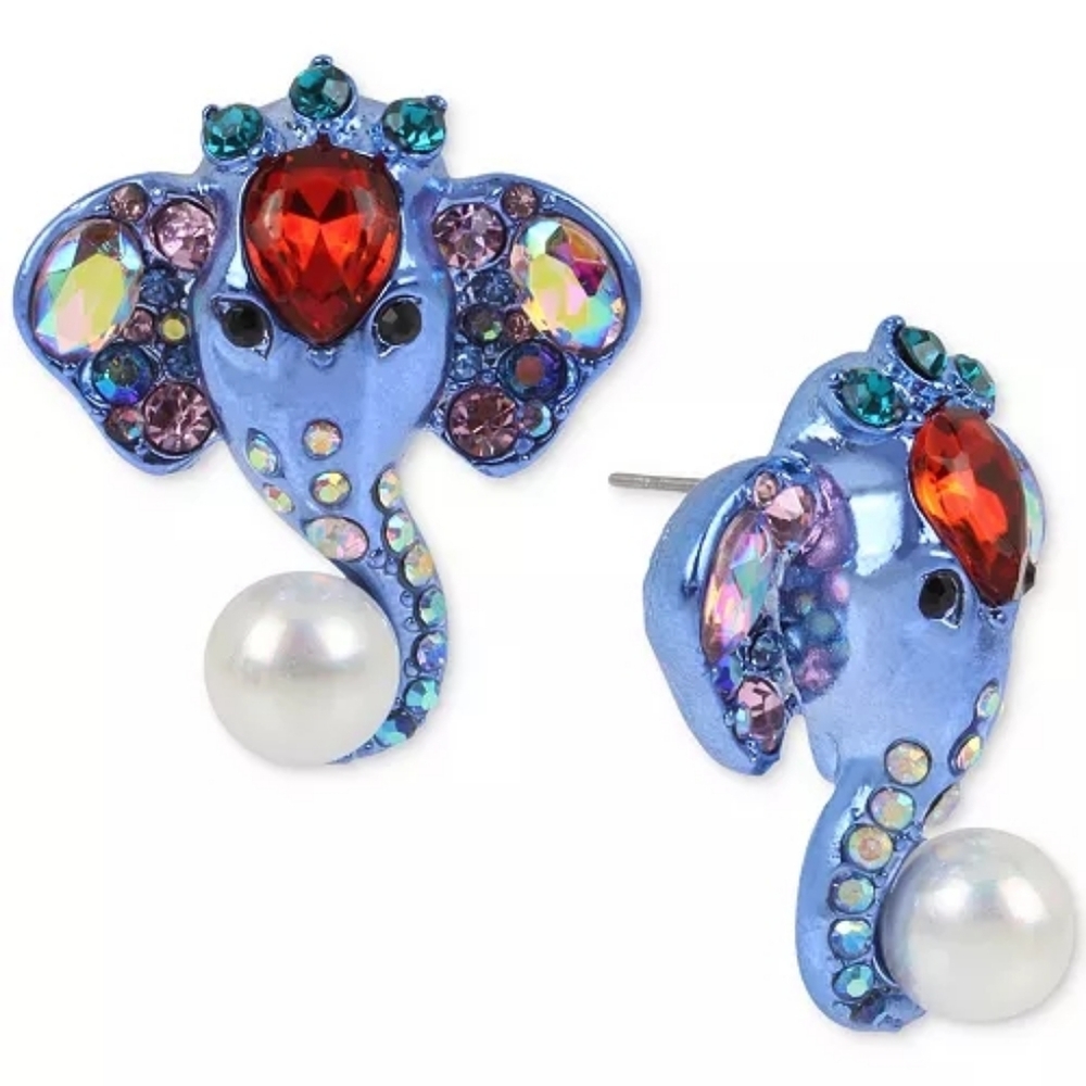 Betsey Johnson Multi-Stone & Imitation Pearl Elephant Button Earrings